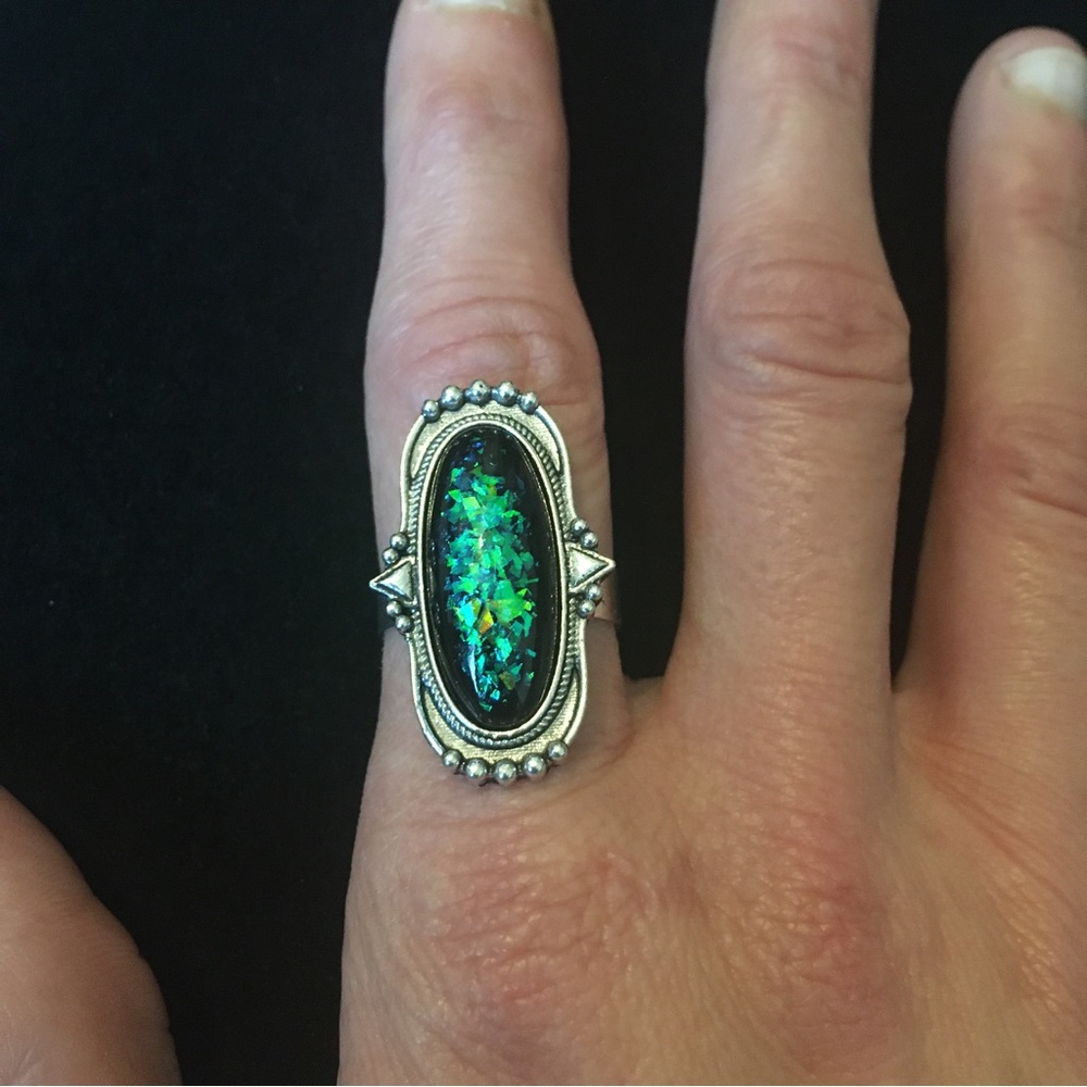 Oval Shaped Mystical Green and Blue Sparkle Stone Ring